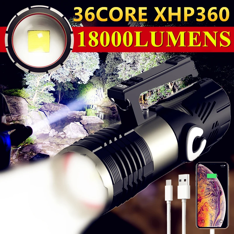 18000LM XHP360 светодиодный фонарик USB перезаряжаемый фонарь Мощная тактическая вспышка, масштабируемый охотничий фонарь, водонепроницаемый ручной фонарь