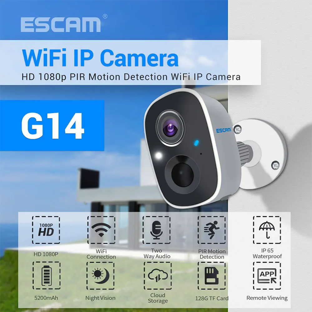 ESCAM G14 1080P H.265 WiFi IP Камера Full HD AI Распознавание Аккумуляторная батарея PIR Сигнализация Облачное хранилище электронных данных