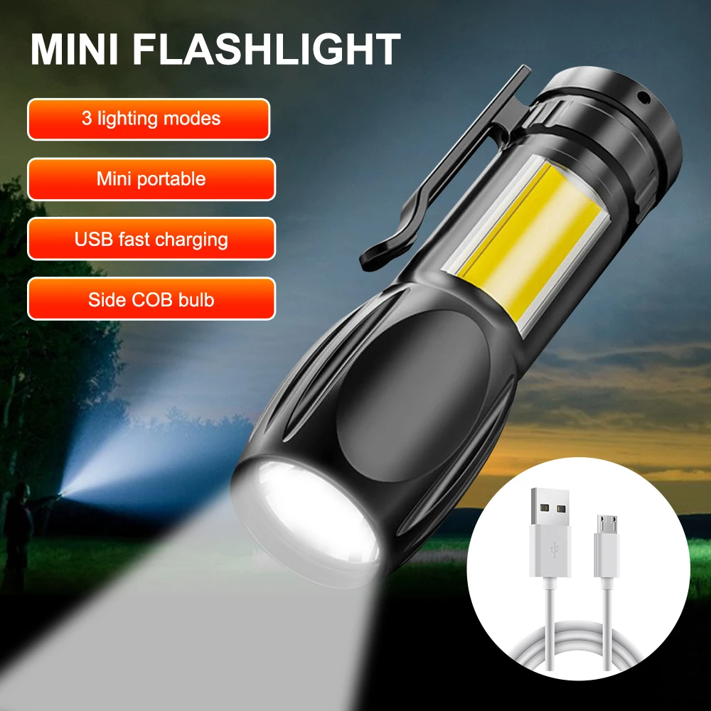 USB Портативный светодиодный перезаряжаемый фонарик, 3 режима освещения, Дальнобойный фонарь для кемпинга, мини-фонарик, водонепроницаемый Встроенный аккумулятор