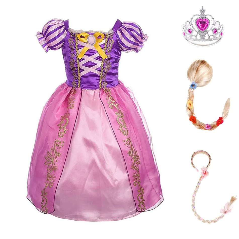 Детское платье Рапунцель для летней вечеринки, Маскарадный костюм Принцессы для девочек, Рождество, День Рождения, Запутанная Маскировка, Карнавальная одежда с париком