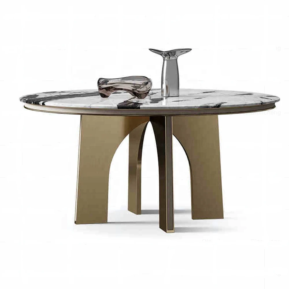 Обеденный стол из круглого Сланцевого мрамора в ресторане, Роскошная мебель для столовой из нержавеющей стали