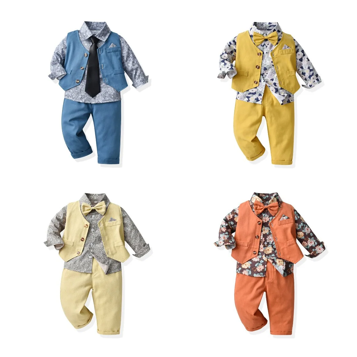 Осенняя одежда с цветочным рисунком для мальчиков, модная одежда с длинными рукавами для детей 1, 2, 3, 4, 5, 6, 7 лет, однотонный жилет, брюки, одежда для дня рождения малыша
