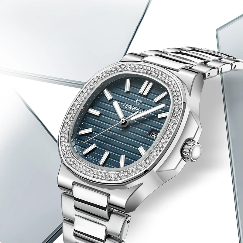 Топ Люксовый бренд, Водонепроницаемые квадратные мужские часы с бриллиантовым ободком, точные копии брендов, модные кварцевые наручные часы